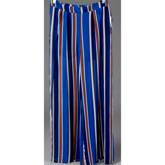 NWT JustFab Women’s S Blue Brown Striped Palazzo Pants Slit Legs Lined Boho Chic - Picture 1 of 6